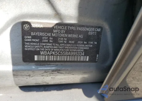 2011 BMW 328 Xi Sulev из США, поврежденный, VIN WBAPK5C55BA995334